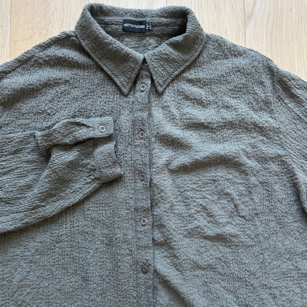 Textured Wrinkled‎ Button Down Long Sleeves Shirt Men US 12 Olive Green Crinkle